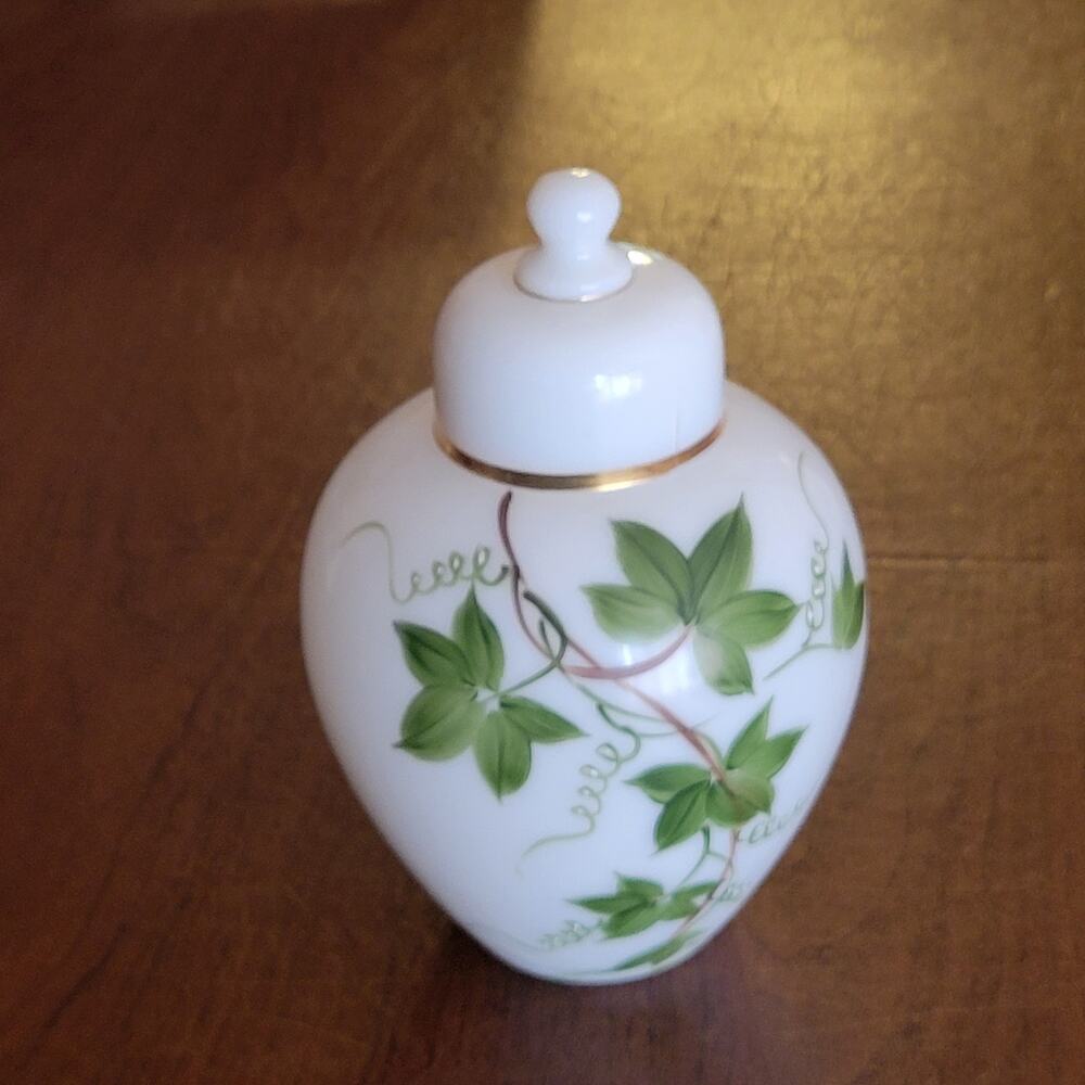 Vintage Milk Glass Lidded Jar Hand Painted Green Ivy Gold Trim Ginger Urn Vase
